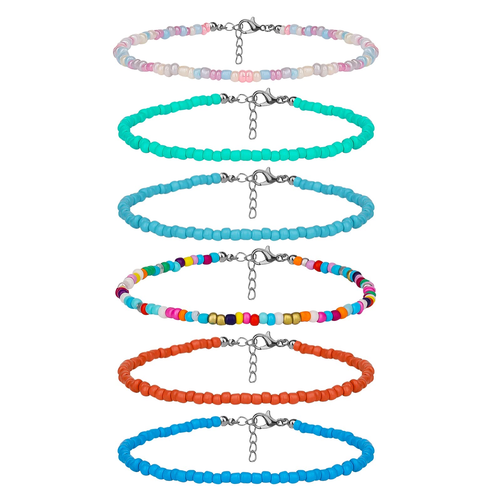 SAVITA 6pcs 8-10inch Handmade Beaded Anklets for Women Colorful Bohemian Glass Beads Ankle Wrap Bracelets String Adjustable Elastic Thread Gifts for Women Girls Beach Vacation (Style 4)