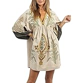 Joiemont Womens Oversized Embroidered Dress with V-Neck and 3/4 Sleeves Vintage Embroidery Babydoll Dress