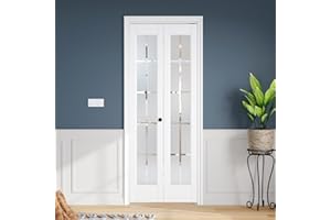 Roymelo White Bifold Doors for 30"×80" Opening, Tempered Frosted Glass Cross Transparent Folding Barn Door with Concealed Har