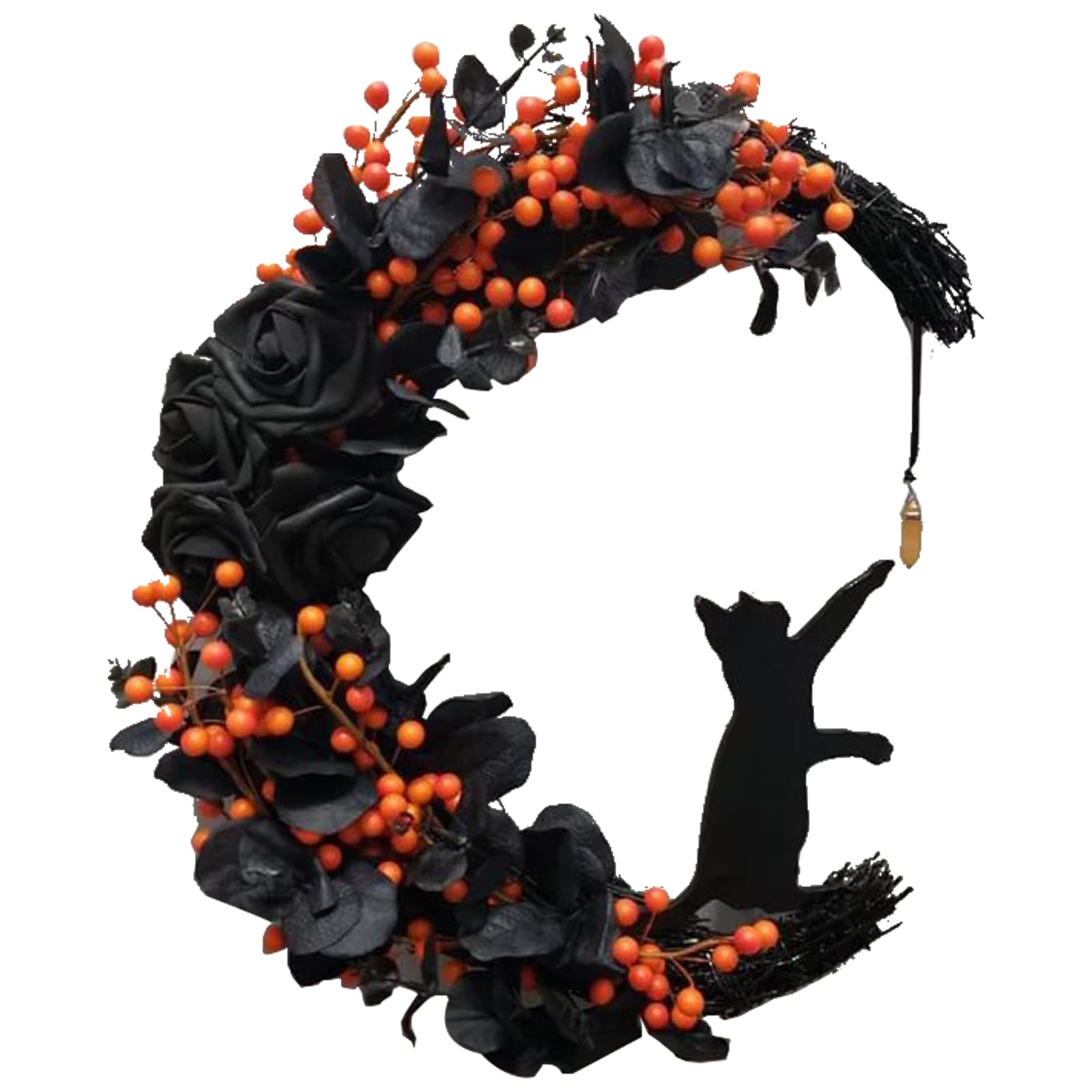 Photo 1 of 15 Inch Halloween Moon Cat Wreath, Halloween Moon Wreath with Black Cat and Rose, Black Halloween Garland, Halloween Wreath for Front Door Outdoor Gothic Wreath Decorations(#1)