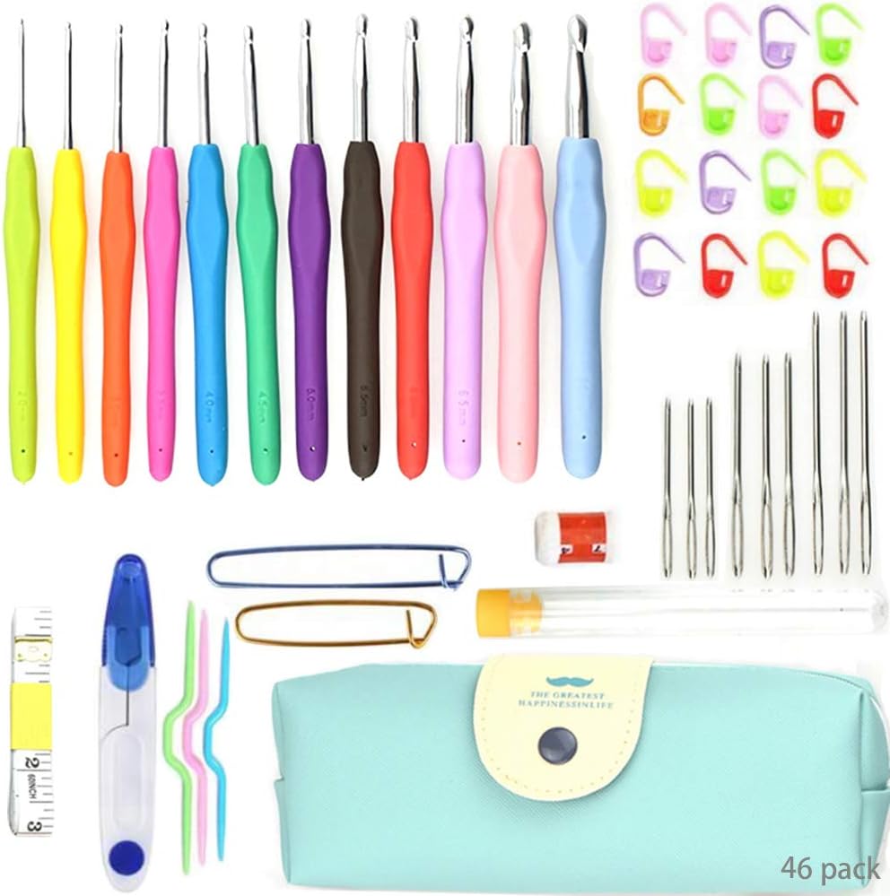 PHIMIITA Crochet Hooks Knitting Tool Accessories Set 46 Pack with Ergonomic Handles Hooks Blue Case Large Eye Blunt Needles (Blue, 46)