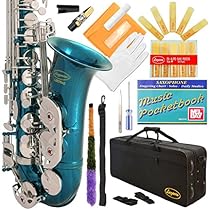 Lazarro 370-SB E-Flat Eb Alto Saxophone Sea Blue-Silver Keys with Case, 11 Reeds, Care Kit and Many Extras
