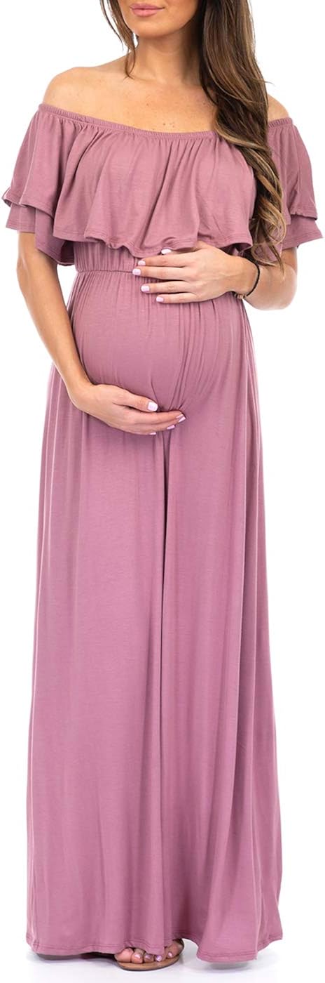 Mother Bee Maternity Open Shoulder Maternity Dress with Ruffles at  Women’s Clothing store