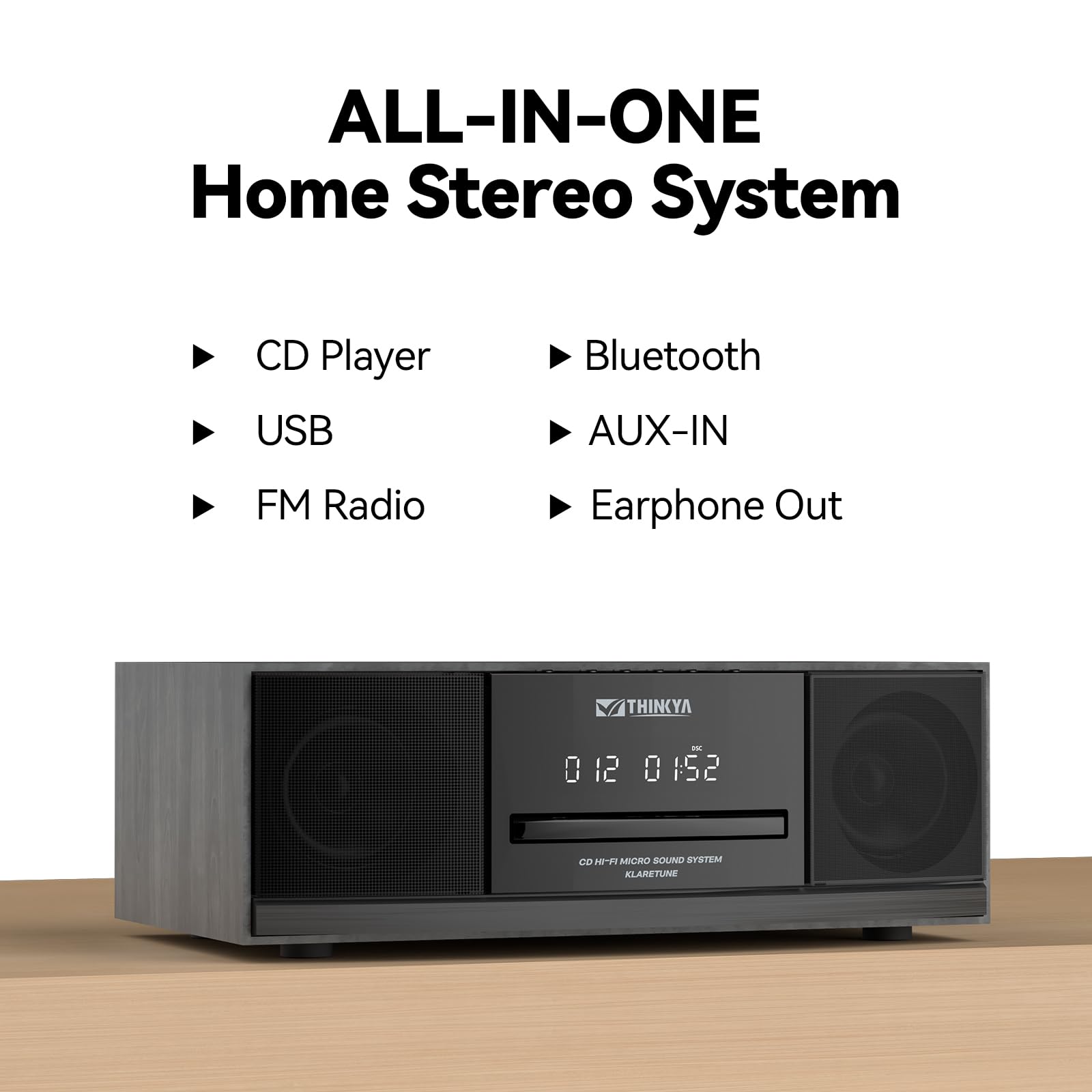 Vintage Bluetooth Stereo System for Home, THINKYA 30W RMS Micro HiFi Systems CD Player Dual 3” Bass with Bluetooth Audio Streaming, FM Radio, USB Port, Aux-in, Earphone Port, Remote Control Black
