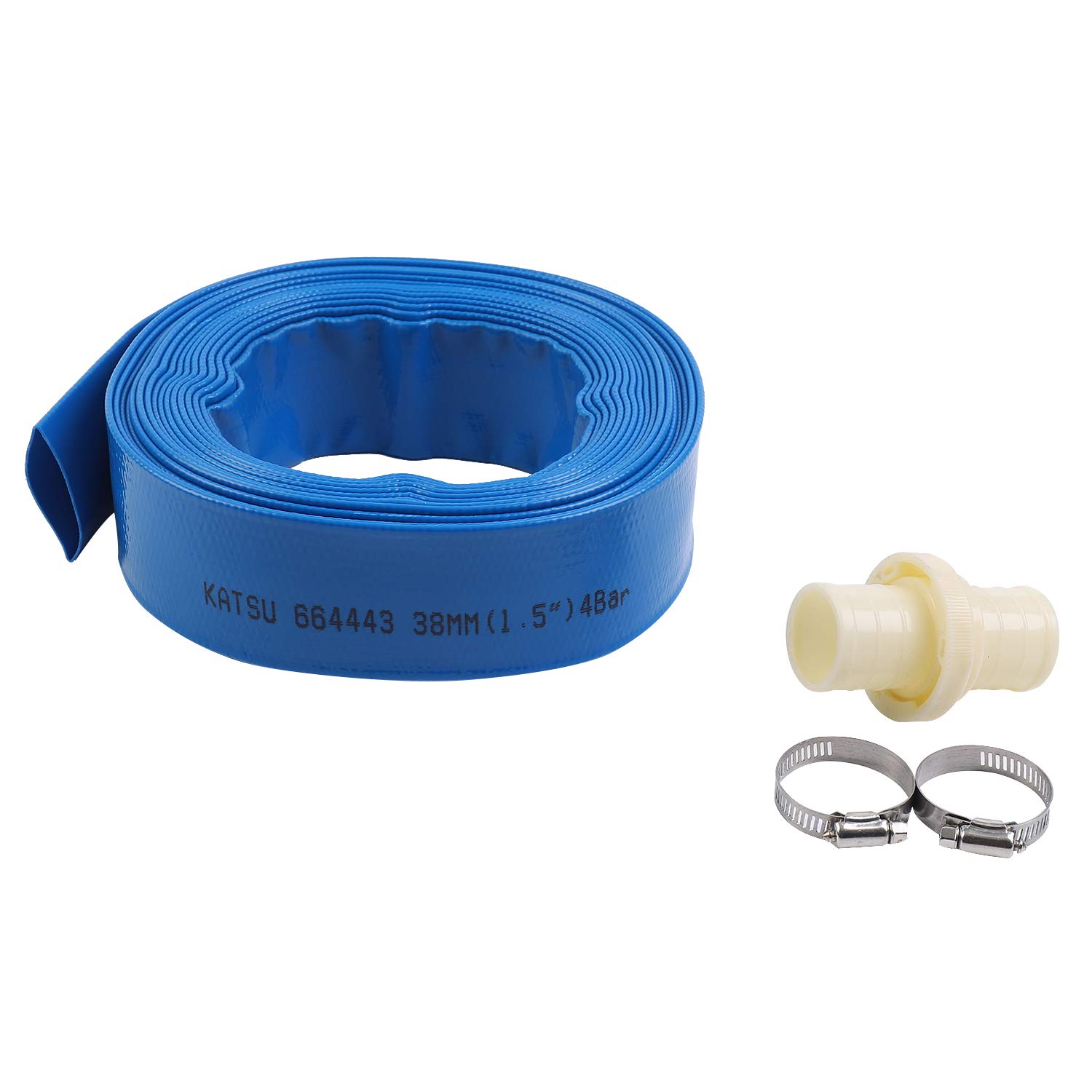 KATSU Layflat Discharge Hose Pipe 10m x 38mm 1-1/2 Inch Diameter with 2 Clips and Quick Coupler Connector, Fits Submersible & Other Water Pumps for Draining Pond, Garden Irrigation, Hot Tub, Pool