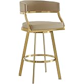 Armen Living Saturn 30" Swivel Bar Stool with Gold Brushed Stainless Steel and Light Sand Faux Leather