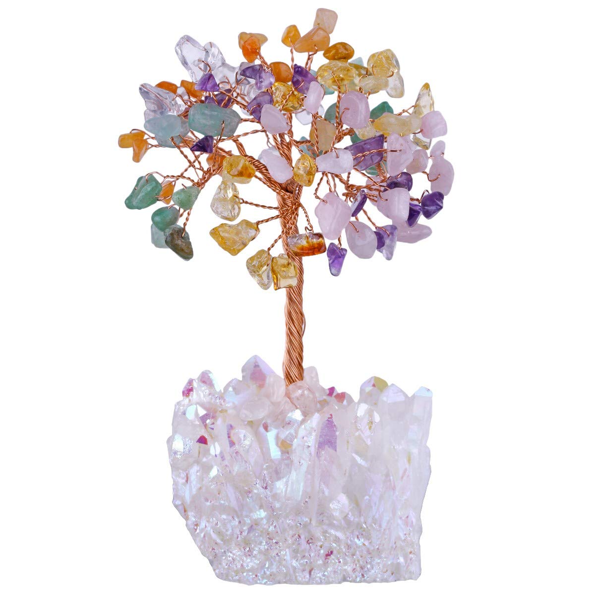 mookaitedecor Natural Healing Crystals and Gemstones Tree,Stone Money Tree Feng Shui Ornament with Angel Aura Crystal Cluster Base