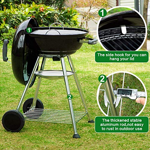 BEAU JARDIN Premium 18 Inch Charcoal Grill Kettle for Outdoor Barbecue Camping BBQ Coal Grill Cooking Tailgating Portable Heavy Duty Round with Thickened Grilling Bowl Wheels for Small Patio Backyard