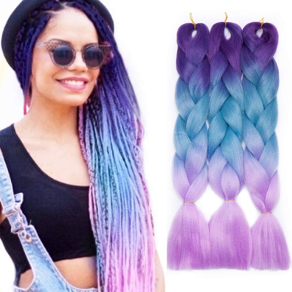 3 Pieces Colorful Jumbo Braiding Hair Extensions 3 Tone Ombre Synthetic Braiding Hair Extension 24 inches Purple to Lake Blue to Light Purple