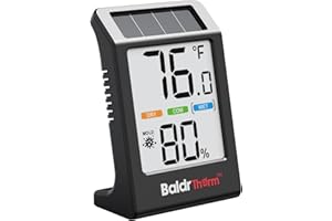 BaldrTherm Room Thermometer Indoor Humidity Meter, Solar-Powered 3.2'' Large Digital Temperature Sensor Monitor with Max/Min Reading for Baby Room, Home, Office, Black, 1Pack