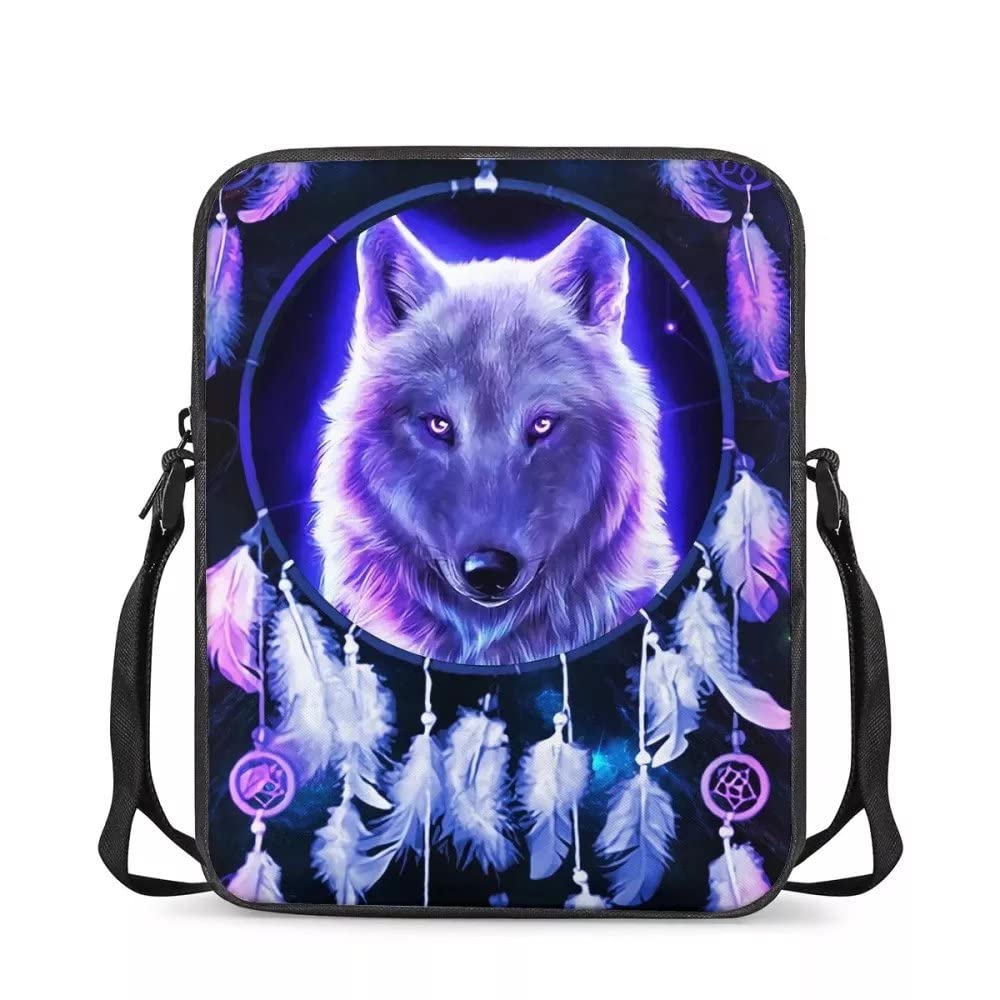chaqlin Unisex Kids Sling Messenger Totebags,Cool Purple Wolf Pattern School Bags for Boys Girls,Dream Catcher Wolf Mini Crossbody Bags Shoulder Handbags Wallet