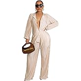 KEYUFANG 2 Piece Outfits for Women 90s Casual Boho Trendy Muse Shirt Wide Leg Pants Solid Daily Pleated Suit