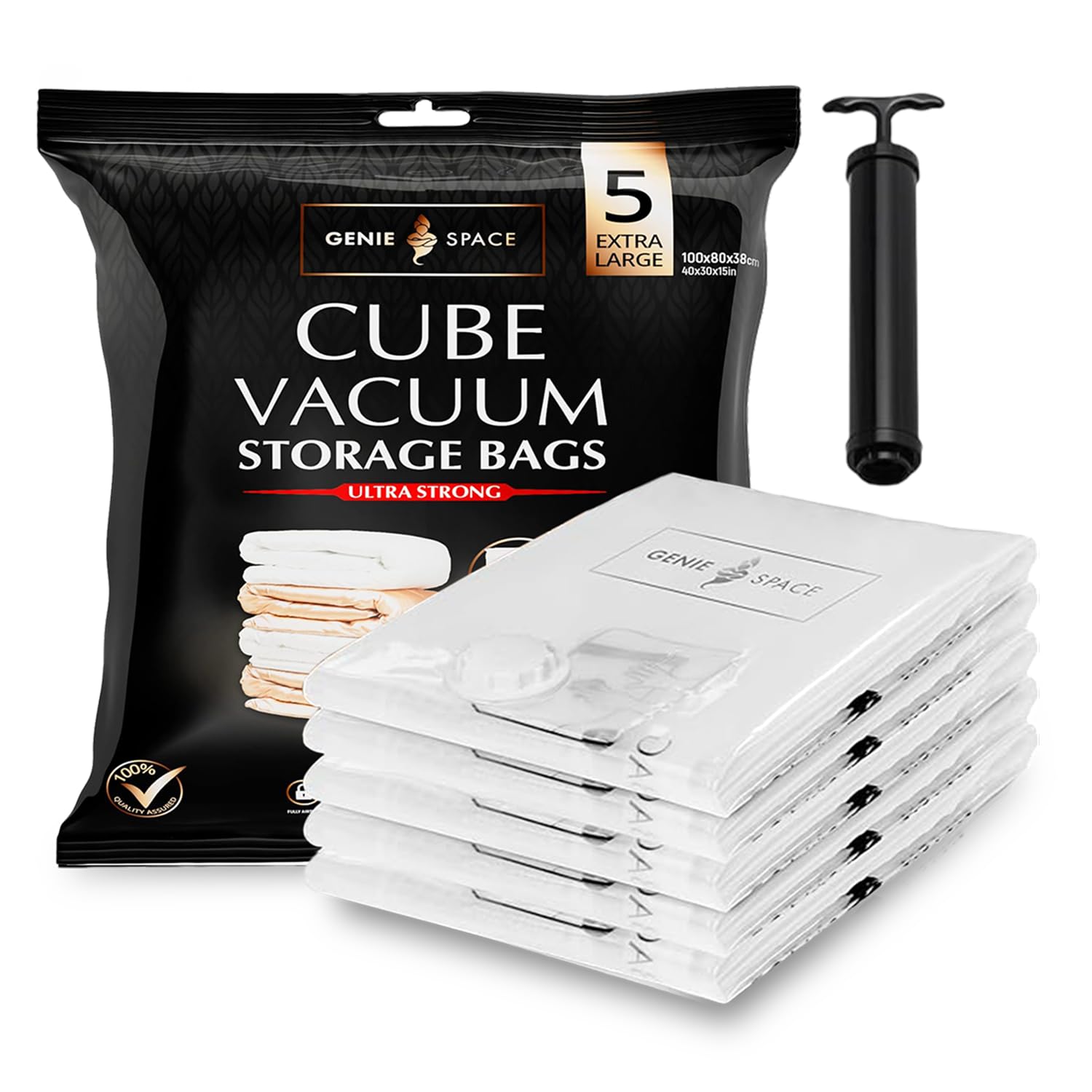 GENIE SPACE Cube Vacuum Storage Bags for Clothes, Bedding and Loft Storage, Extra-Large 100×80×38 cm, Airtight, Odour-Proof and Reusable Space Saver Bags with Double Zipper Seal, 5-Pack with Hand Pump