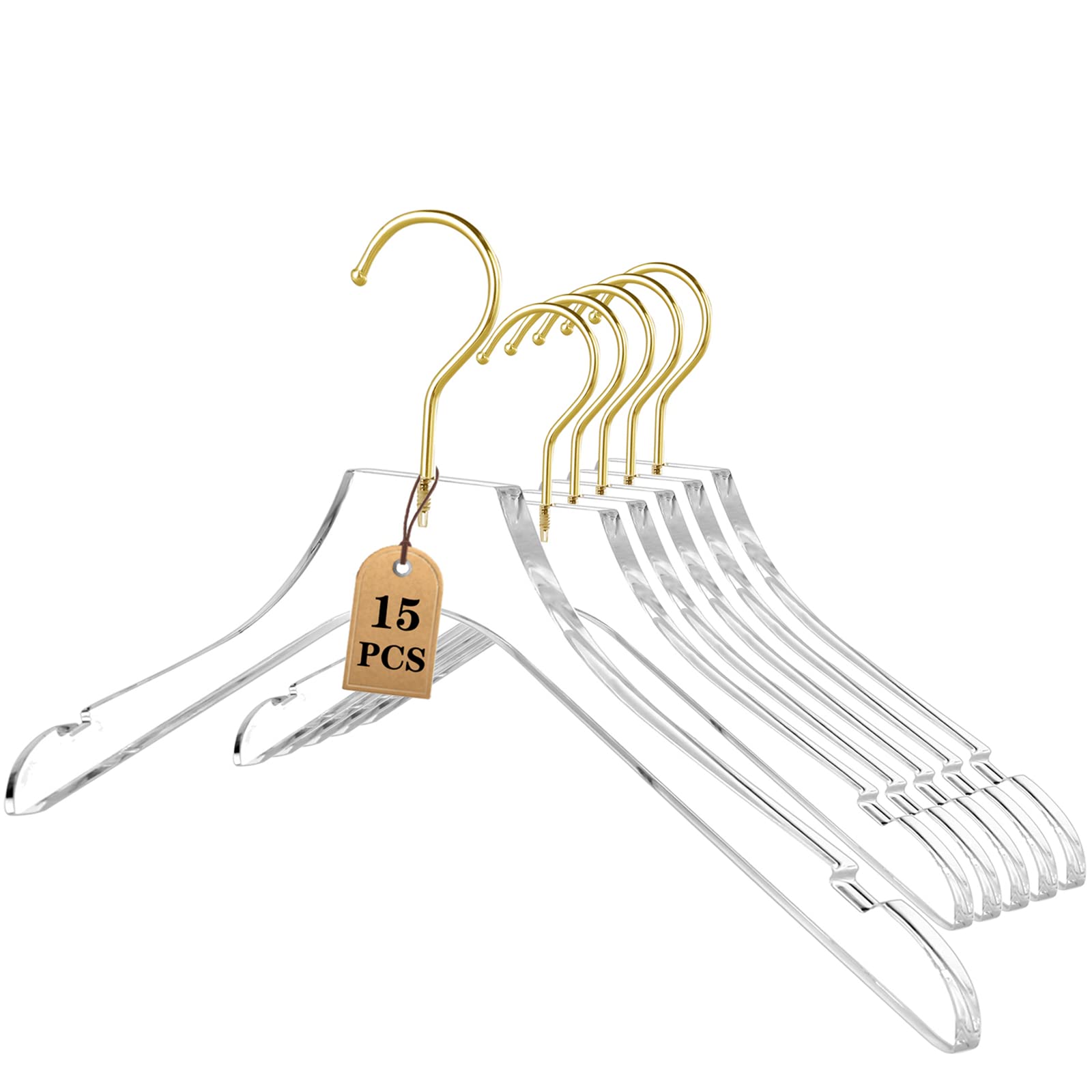 Besser 15 Pack Acrylic Hangers with Gold,Acrylic Clear Hanger,Premium Crystal Dress hanger Swivel Gold Hook Luxurious Shiny Clothes Hanger