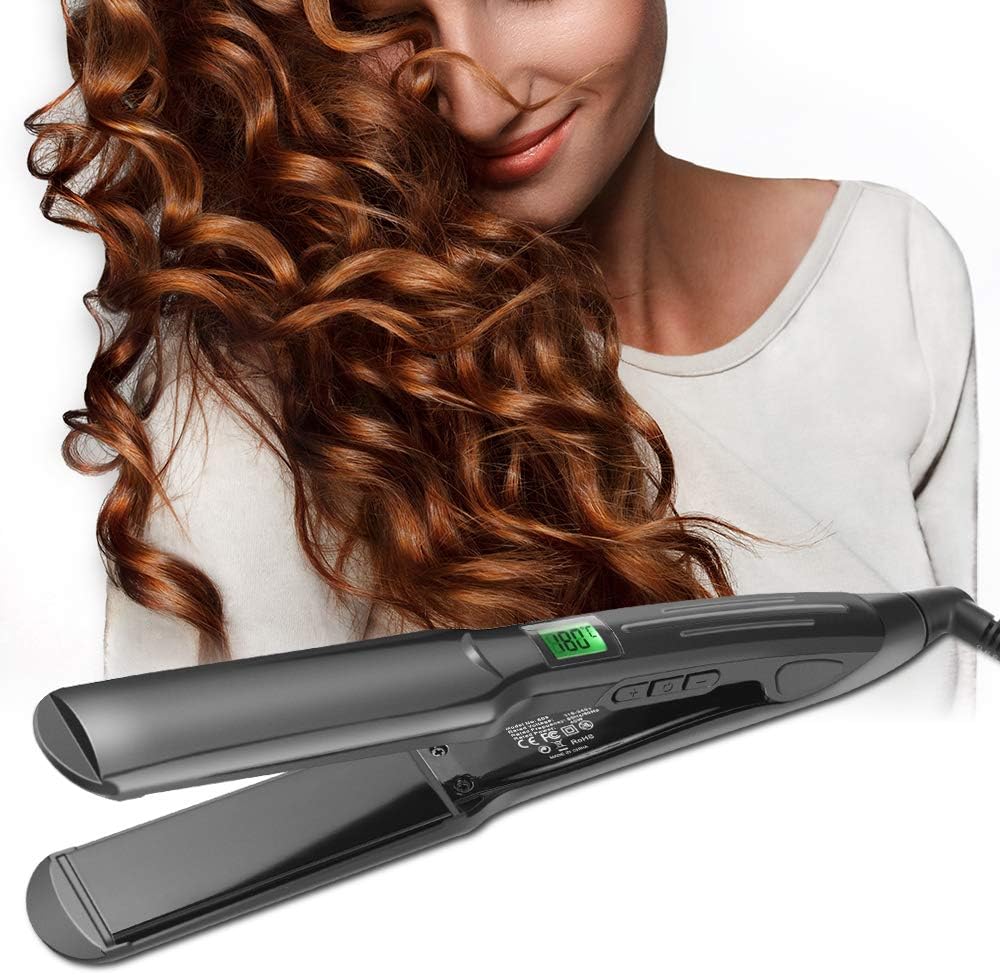 Hair Straighteners, LONGKO Professional 4CM Ceramic Tourmaline Wide Plate Hair Straightening Flat Iron, 2 in 1 Straightener and Curler with Digital Display, Adjustable Temperature & Dual Voltage for Travel