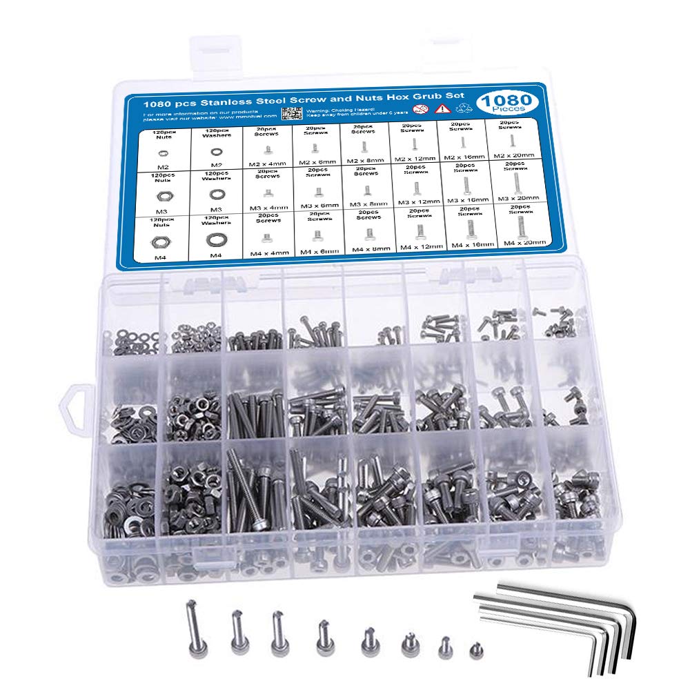 MMOBIEL Stainless Steel Screws Nuts 1080 Pcs - M2 M3 M4 - Hex Socket Assortment Kit - Head Cap Screws Nuts and Washers - Precise Metric Screws - Incl. Wrenches