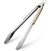 Wood-Handled Grill Tongs, 19.5"/50cm Extra Long BBQ Tongs, Heavy Duty Premium Stainless Steel Metal Tongs with Solid Wood Han