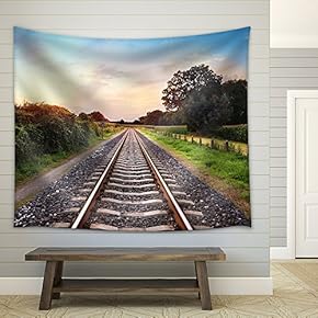 Railway Tracks in a Rural Scene with Nice Pastel Sunset - Fabric Wall Tapestry Home Decor - 51x60 inches