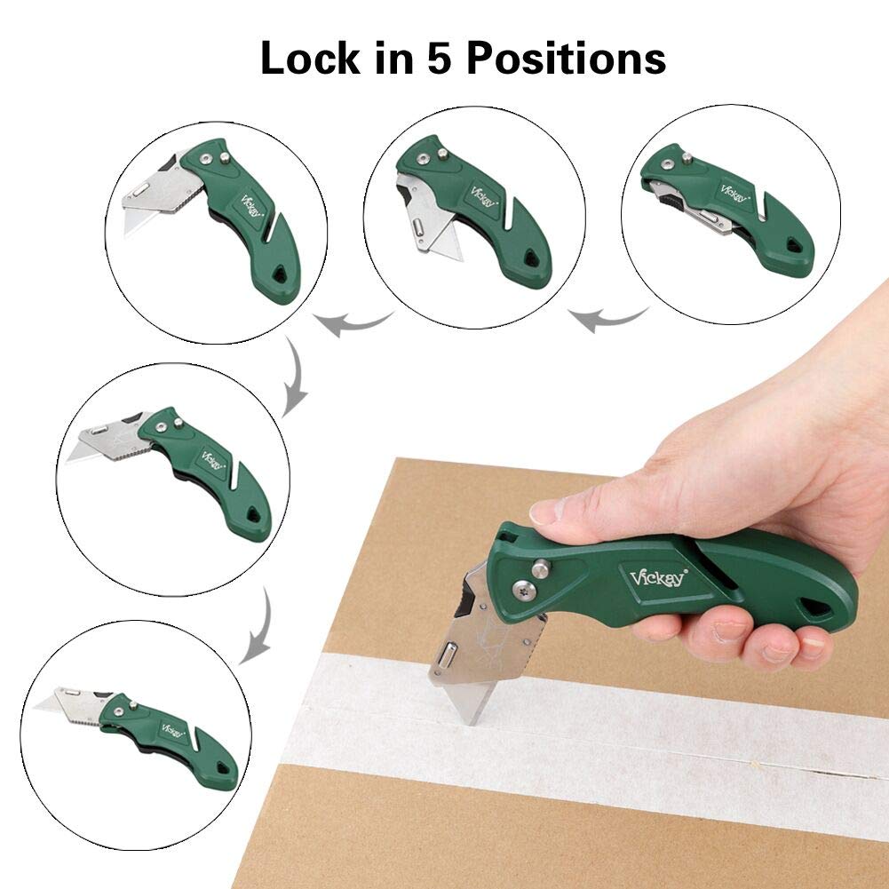 Folding Pocket Utility Knife - Quick Change SK5 Blades, Heavy Duty Box Cutter with Blades Compartment,Wires Stripping, 5 Positions Safe-Lock Design for Office, Home, Arts Crafts (Green)