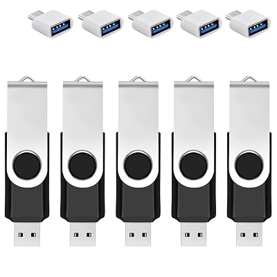 5 Pack 64GB USB Flash Drive with Type C Adapter and Storage Box USB 2.0 High Speed Metal Pen Drive 360° Rotatable Storage Memory Stick for Phone/Pad/PC/Laptop/Android - Black(5-Pack 64GB)