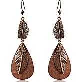 unixmoment Bohemian Lightweight Vintage Copper Wooden Teardrop Feather Dangle Drop Earrings Retro Handmade Leaf Hook Earrings for Women