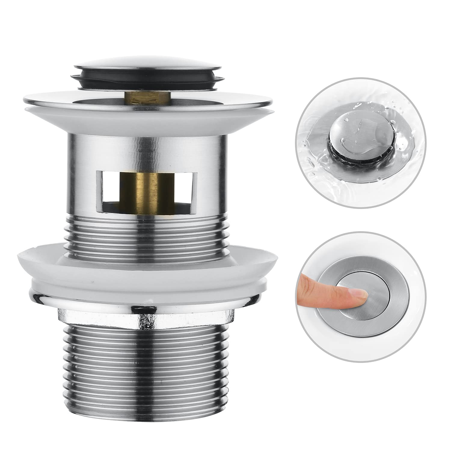 CREA Basin Sink Waste Pop Up, Click Clack Sprung Plug with Overflow for Bathroom Sink, Sprung Basin Waste Slotted, Brushed Nickel