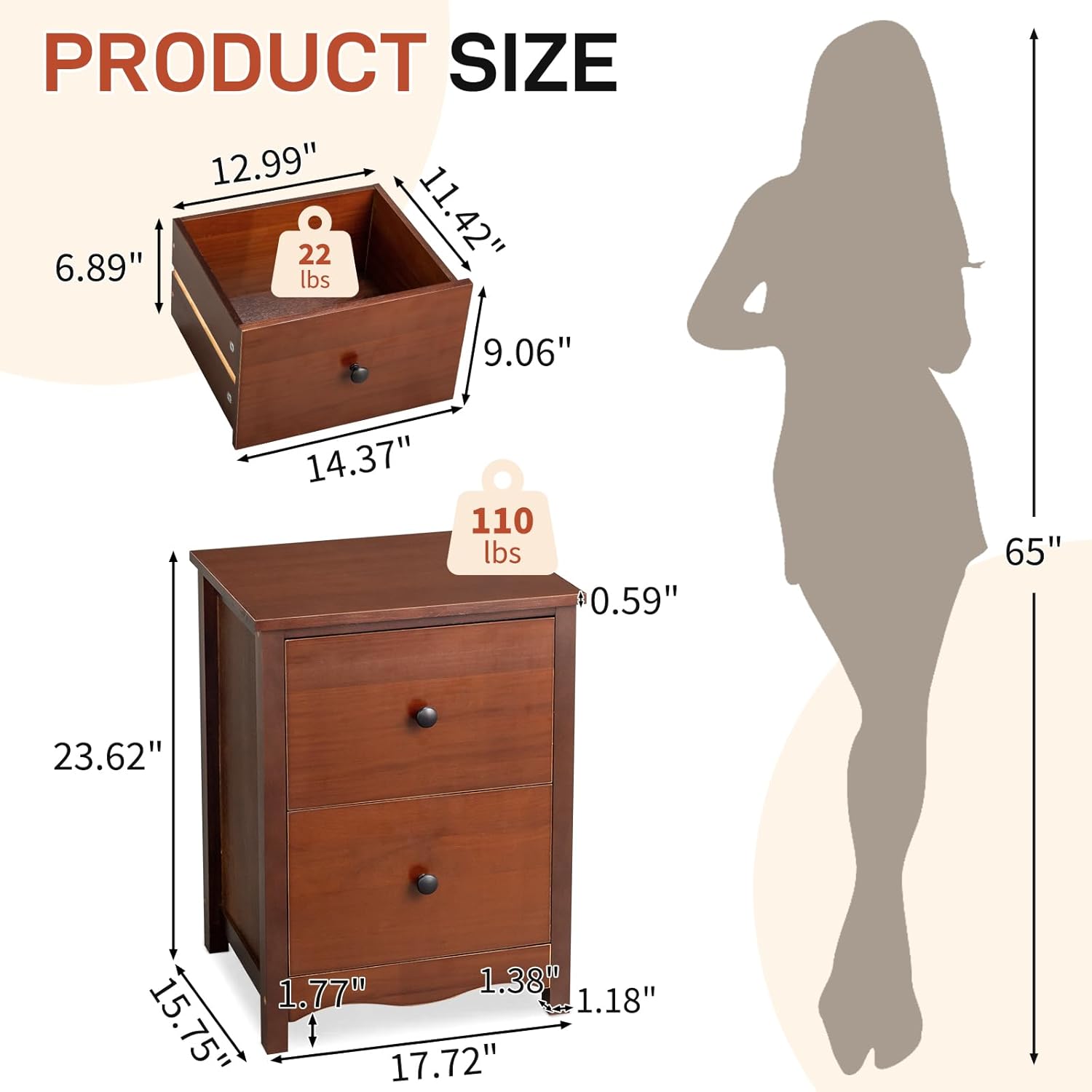 Diagram showing detailed product dimensions and weight capacities