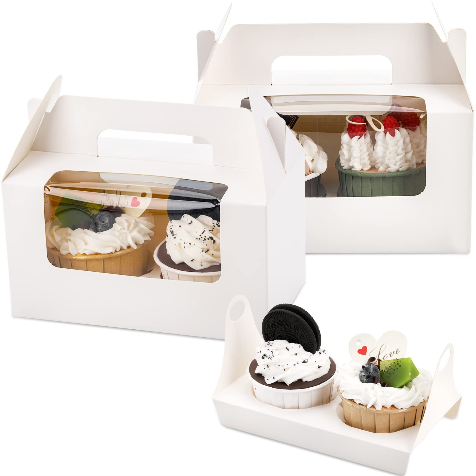 Jucoan 60 Pack White 2-Count Cupcake Boxes with Handle, Insert and Clear Window, Pastry Muffin Cookie Containers, Gable Bakery Gift Box for Wedding, Birthday, Baby Shower