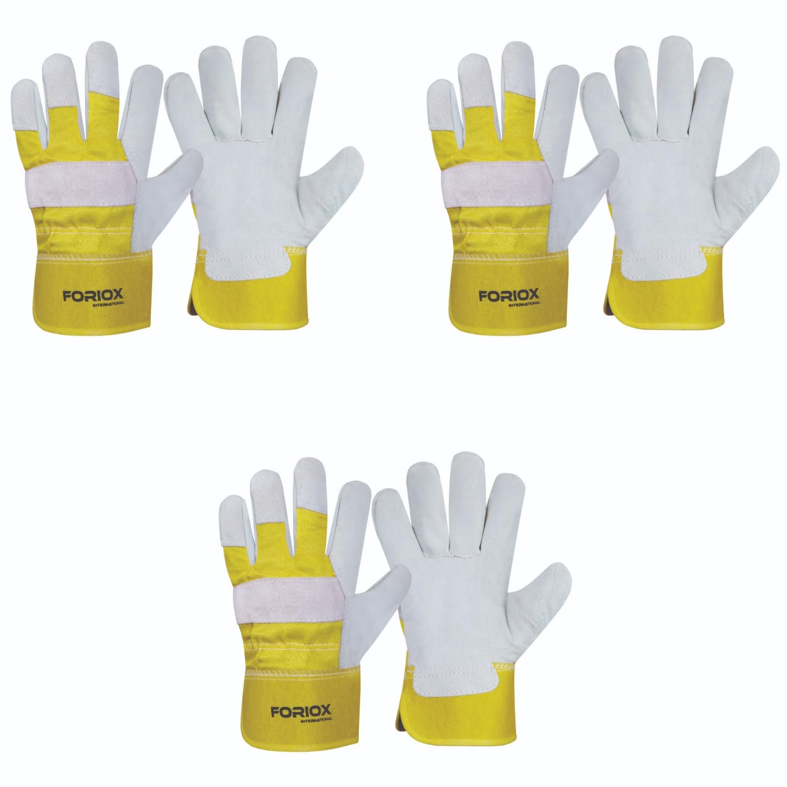 Foriox International Split Leather Work Gloves, Heavy Duty Thorn Proof Gardening Gloves for Digging, Weeding, Planting and Construction Working Pruning & Rigger Tasks (Pack of 3 (Yellow))