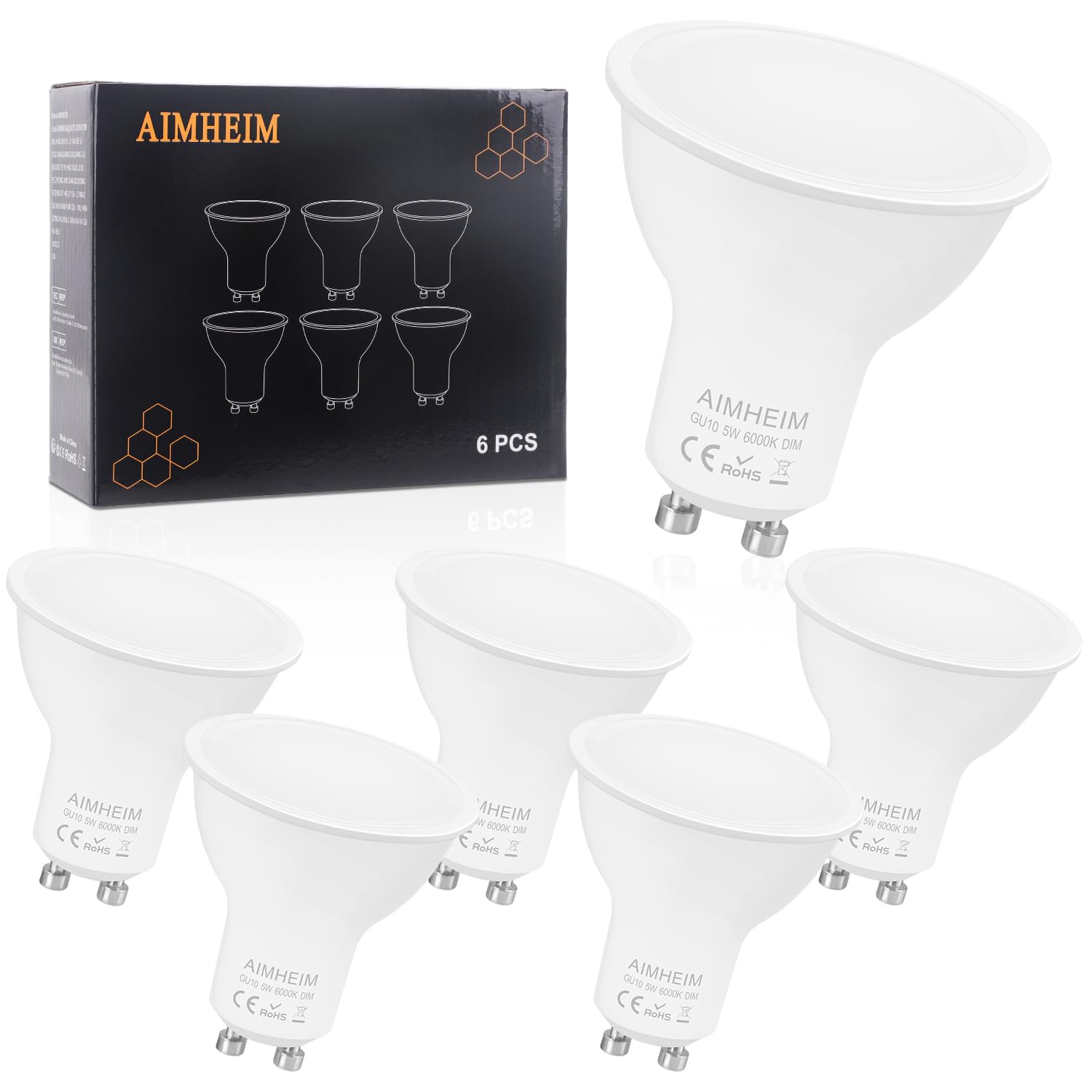 AIMHEIM Dimmable GU10 LED Spotlights, 6 Pack 5W Cool White LED Bulbs, 6000K 120° Beam Angle, Replaces 50W Halogen, Flicker-Free Reflector Bulbs