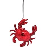 Festive Glass Crab Ornament, Nautical Christmas Decor, 4 Inches (Red)