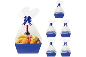 Worown 6 Pack Blue Cardboard Basket for Gifts Empty, Kraft Basket Kit with bags and Pull Bows for Packing Gift on Easter, Christmas, Birthday, Wedding