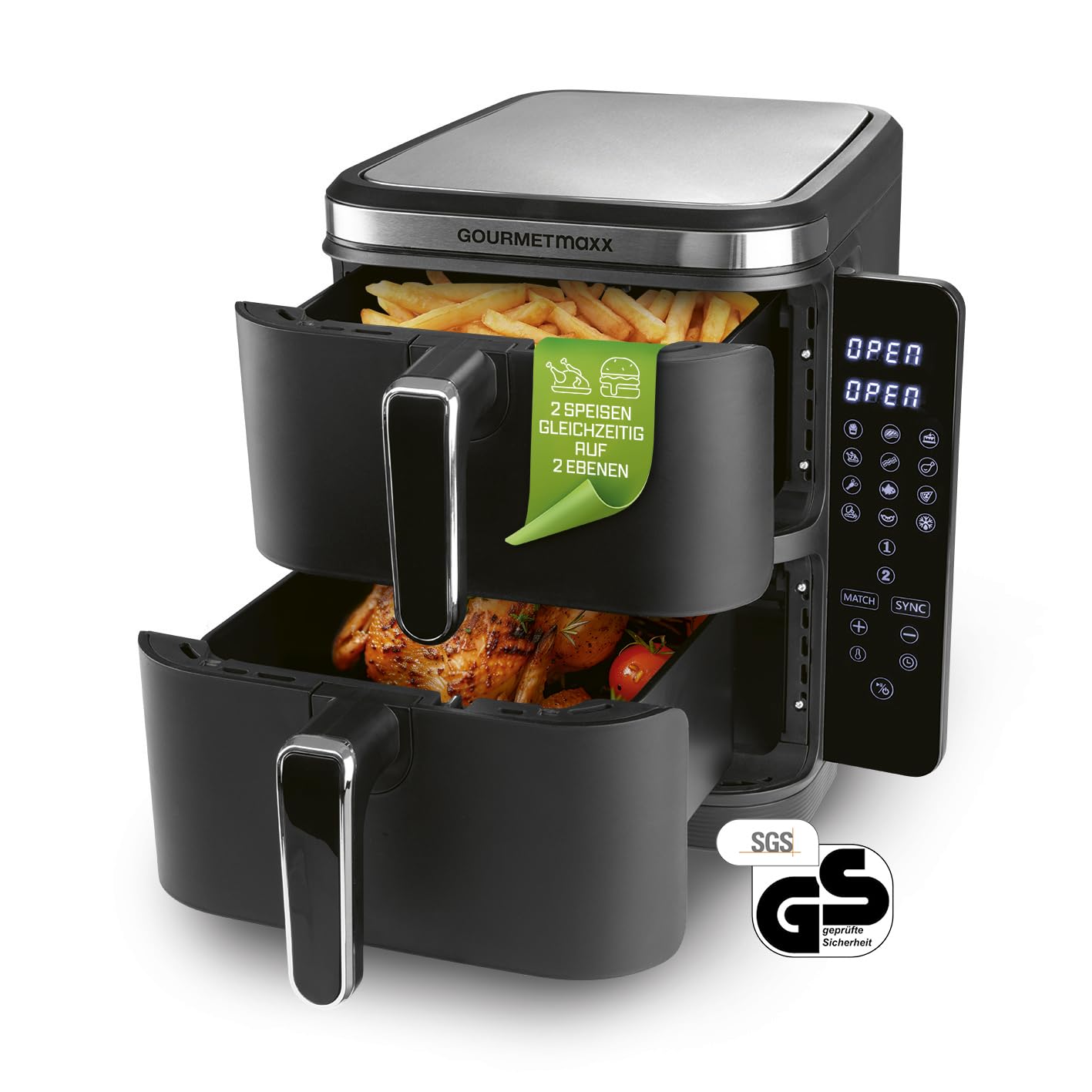 GOURMETmaxx FryUp Vertikale Doppelkammer Heißluftfritteuse | vertikaler Airfryer | klappbares Touchdisplay | 32% platzsparender | Fassungsvermögen 10L | Heißluftfritteuse 2 Kammern
