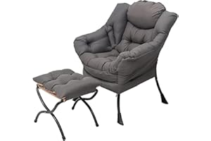 Welnow Lazy Chair with Ottoman, Modern Lounge Accent Chair with Armrests and a Side Pocket, Leisure Sofa Armchair, Reading Armchair with Footrest for Small Space, Dark Grey