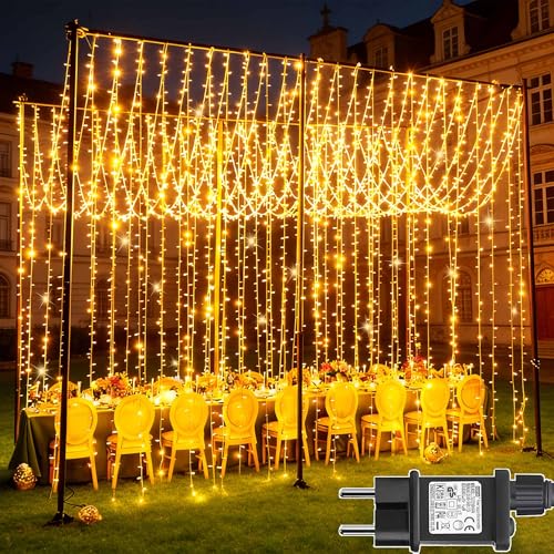 Joycome 2 x 6 x 3 m 600 LED String Light Curtain, Mains Powered, 8 Modes String Lights for Interior, Outdoor, Wall, Bedroom, Balcony, Wedding Decoration – Warm White