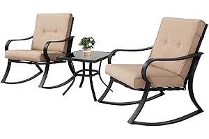Oakcloud Oakmont Outdoor Furniture 3 Piece Conversation Bistro Set Rocking Chairs and Glass Top Table, Thick Cushions, Black Steel (Brown)