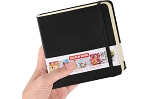 E-WEICHEN Square 5x5 inches 80gsm 96sheets/192 Pages Notebooks Blank Sketchbooks Travel Journal Pocket Hardcover Paint Writing Diary Memo Planner PU Leather Cover. Black