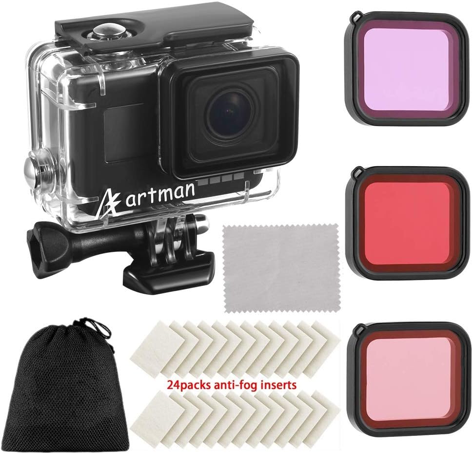 Artman Housing Case Filter Kit for GoPro Hero 7 Hero 6 Hero 5 Black, Waterproof Case Diving Protective Housing Shell + 3 Pack Filter + 24 Anti-Fog Insert + Bracket Accessories