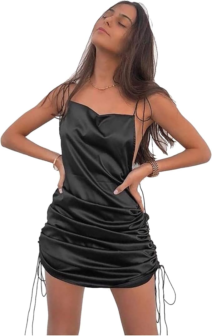 Amazon.com: Women's Satin Jacquard Cowl Neck String Along Mini Dress Side Ruched Silky Slip 