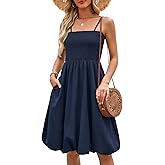 Berydress Womens Summer Smocked Sun Dress with Pockets 2025 Trendy Spaghetti Strap Boho Beach Casual Midi Bubble Dresses
