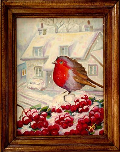 Winter Red-breasted bird in Canadian winter snowfall 15x19" with Frame Hand Painted by Nadia Bykova Original Oil Painting on Canvas Board Framed Ready to Hang Wild Berry Bird Portrait Best Gift Idea