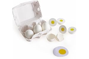 Hape Egg Carton | 3 Hard-Boiled Eggs with Easy-Peel Shell & 3 Fried, Wooden Realistic Educational Toy for Children 3+, White and Yellow (E3156)