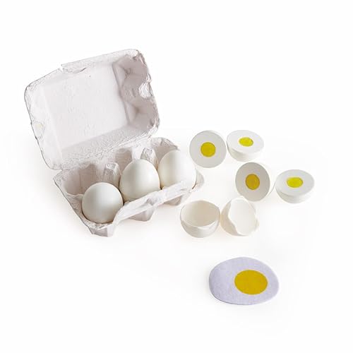 Hape Egg Carton | 3 Hard-Boiled Eggs with Easy-Peel Shell & 3 Fried Eggs, Wooden Realistic Educational Toy for Children 3+