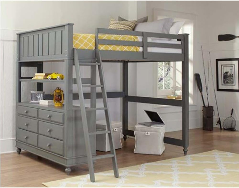 NE Kids Lake House Full Loft Bed with Desk in Stone