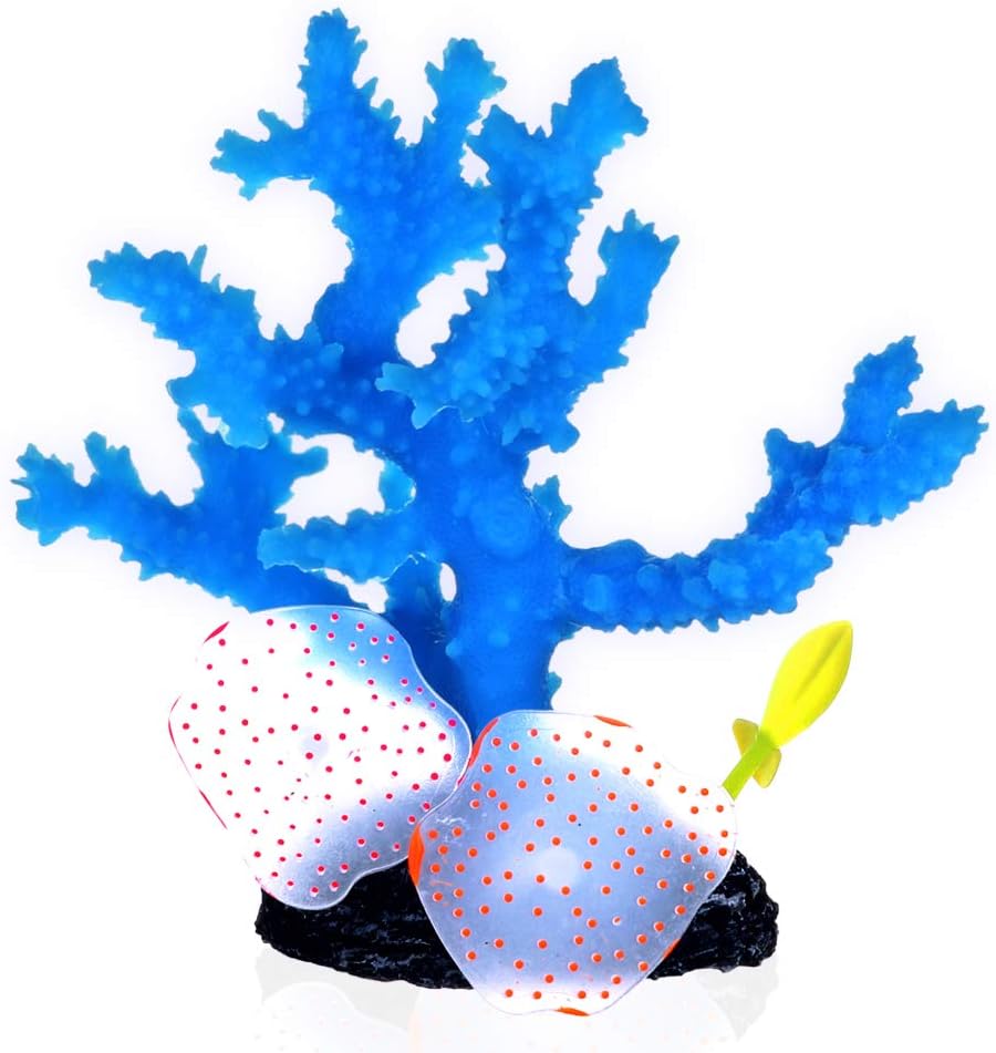 Coral Aquarium Decorations Blue Artificial Plant Ornament 6 x 5.5 x 4" Aquarium Decor Fish Tank Decorations Fresh Salt Water Realistic Glowing Actinic Lighting Non Toxic Silicone Resin