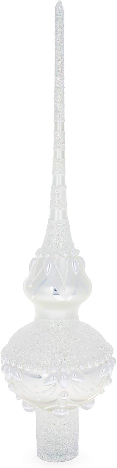 Tree Toppers - Dimensional Pearl Drops on White Chandelier Clear Artisan Hand Crafted Mouth Blown Glass Christmas Tree Topper 11 Inches