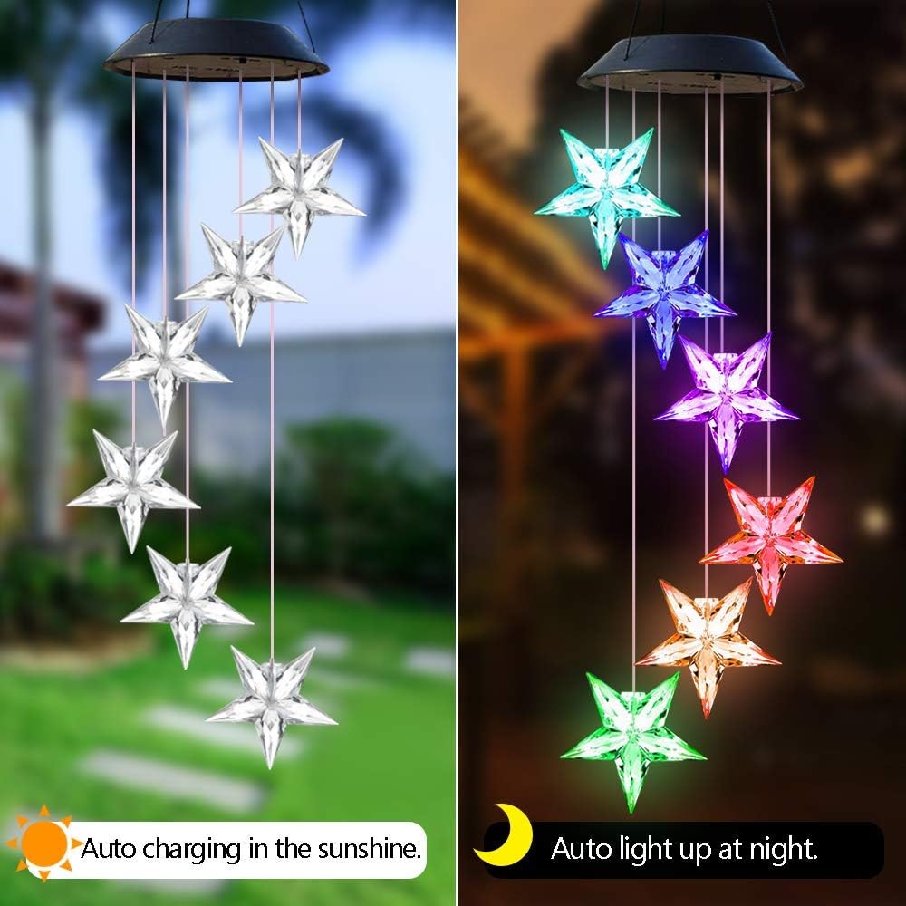 SIEBIRD LED Color Changing Solar Wind Chime Light, Solar Star Wind Chimes Outdoor, Solar Powered LED Hanging Lamp Mobile Waterproof Romantic Wind Bell Light for Outdoor Garden Party Decoration : Garden & Outdoor
