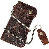 JSBWSFA Genuine Leather Rfid Blocking Long Wallets, Chain Wallet Vintage Long Bifold Wallet Checkbook Wallet Cowboy Wallet for Coin Checks Id Window Mobile Phone Travel (Dragon)