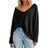 Tankaneo Womens Oversized Long Sleeve Shirts Deep V Neck Fall Tops Casual Loose Fit Tunic Basic Tees