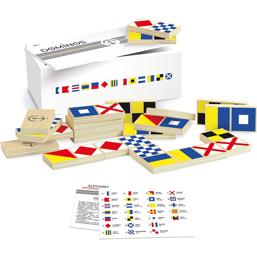 Vilac Wooden Sailor/ Sea Dominoes, Colors/ Shapes/ Pavilions Recognition, Has 1 x Nautical Flags Booklet, French Navy/ Marine Nationale, 28 Pieces, 20 x 10 x 7 cm, 2 Years+